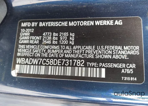 2013 BMW 328I from USA, damaged, VIN WBADW7C58DE731782